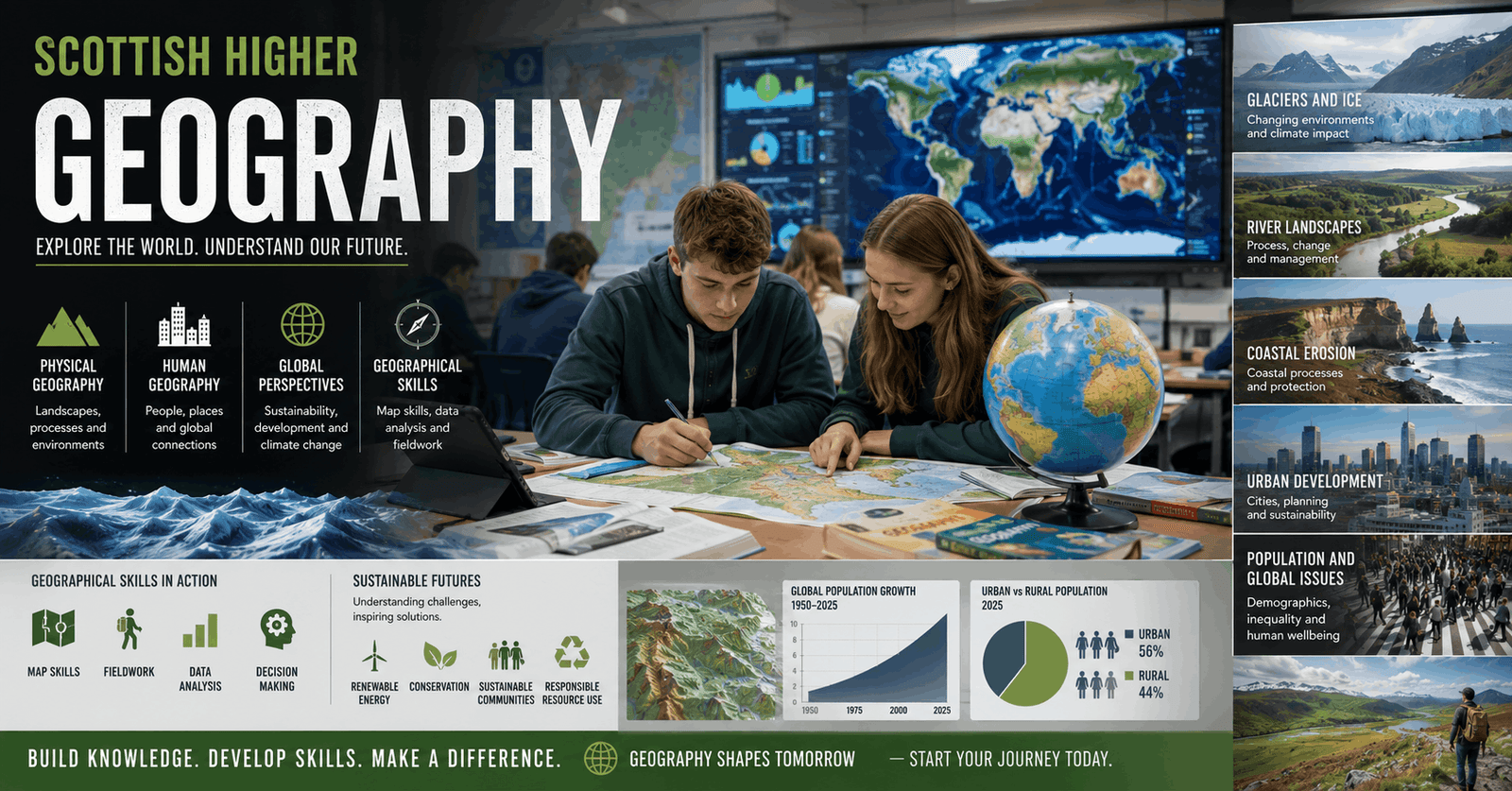 Students studying Scottish Higher Geography landscapes sustainability and global issues with maps, rivers and urban development