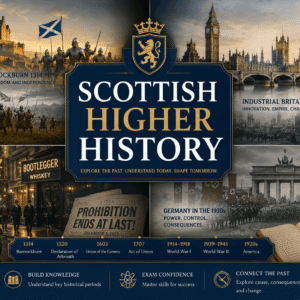 Scottish Higher History course banner showing Scotland, Britain and world history themes with iconic historical symbols
