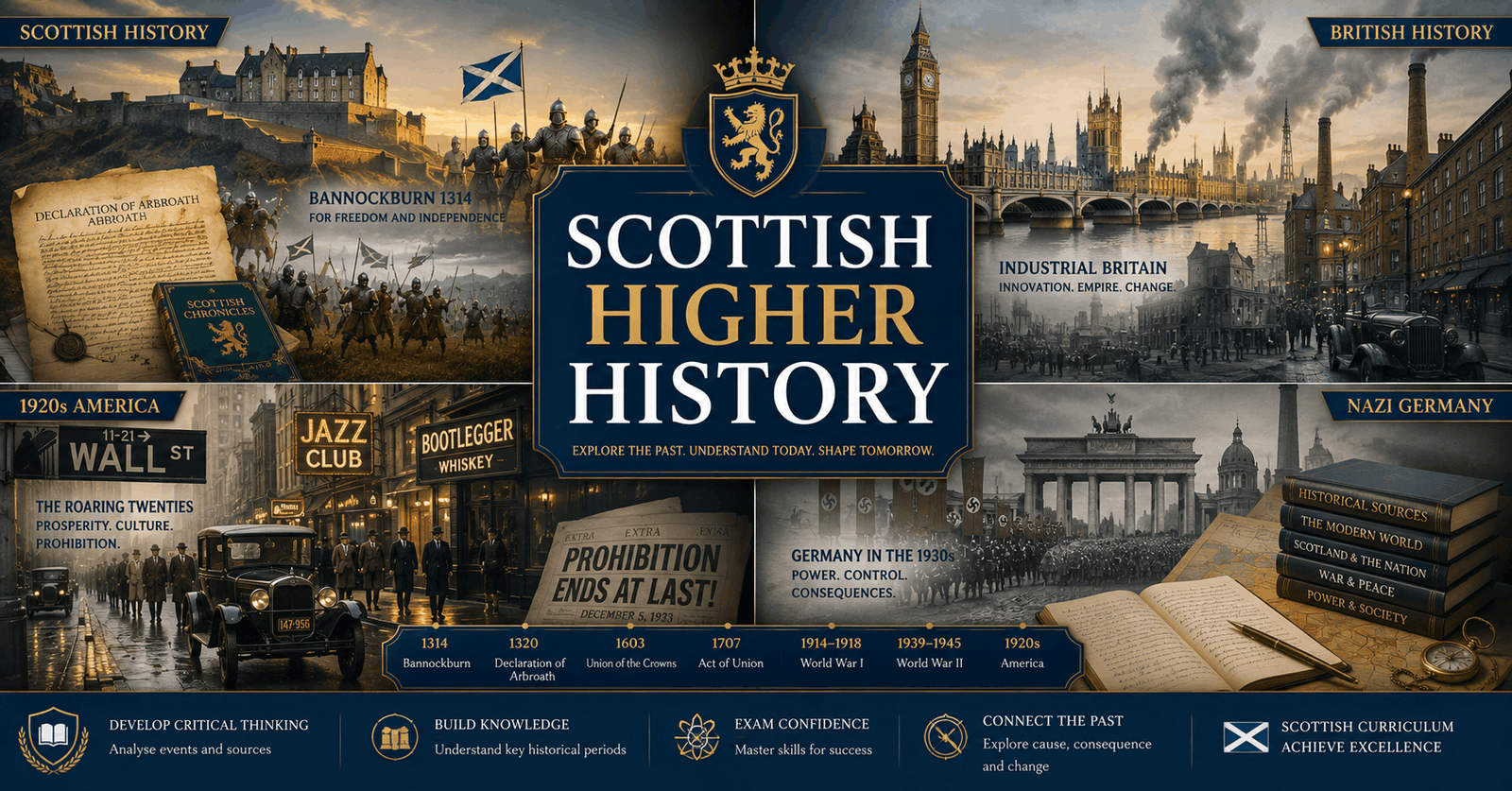 Scottish Higher History course banner showing Scotland, Britain and world history themes with iconic historical symbols