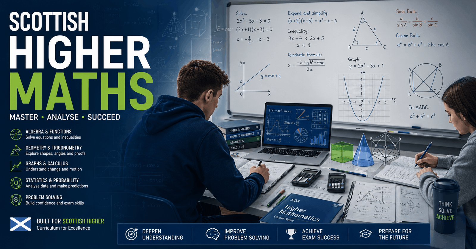 Students studying Scottish Higher Maths algebra, geometry and reasoning with equations, graphs and mathematical problem solving