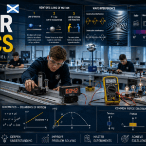 Students studying Scottish Higher Physics forces electricity and waves with equations, circuits and wave diagrams