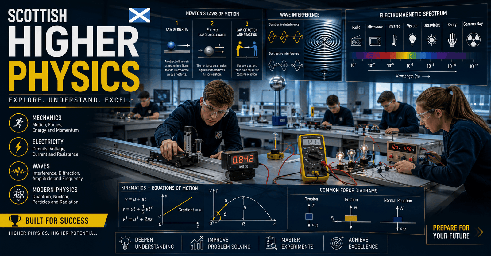 Students studying Scottish Higher Physics forces electricity and waves with equations, circuits and wave diagrams