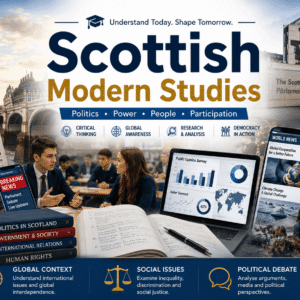 Scottish Modern Studies course banner showing UK politics, media, society and global issues in an educational design