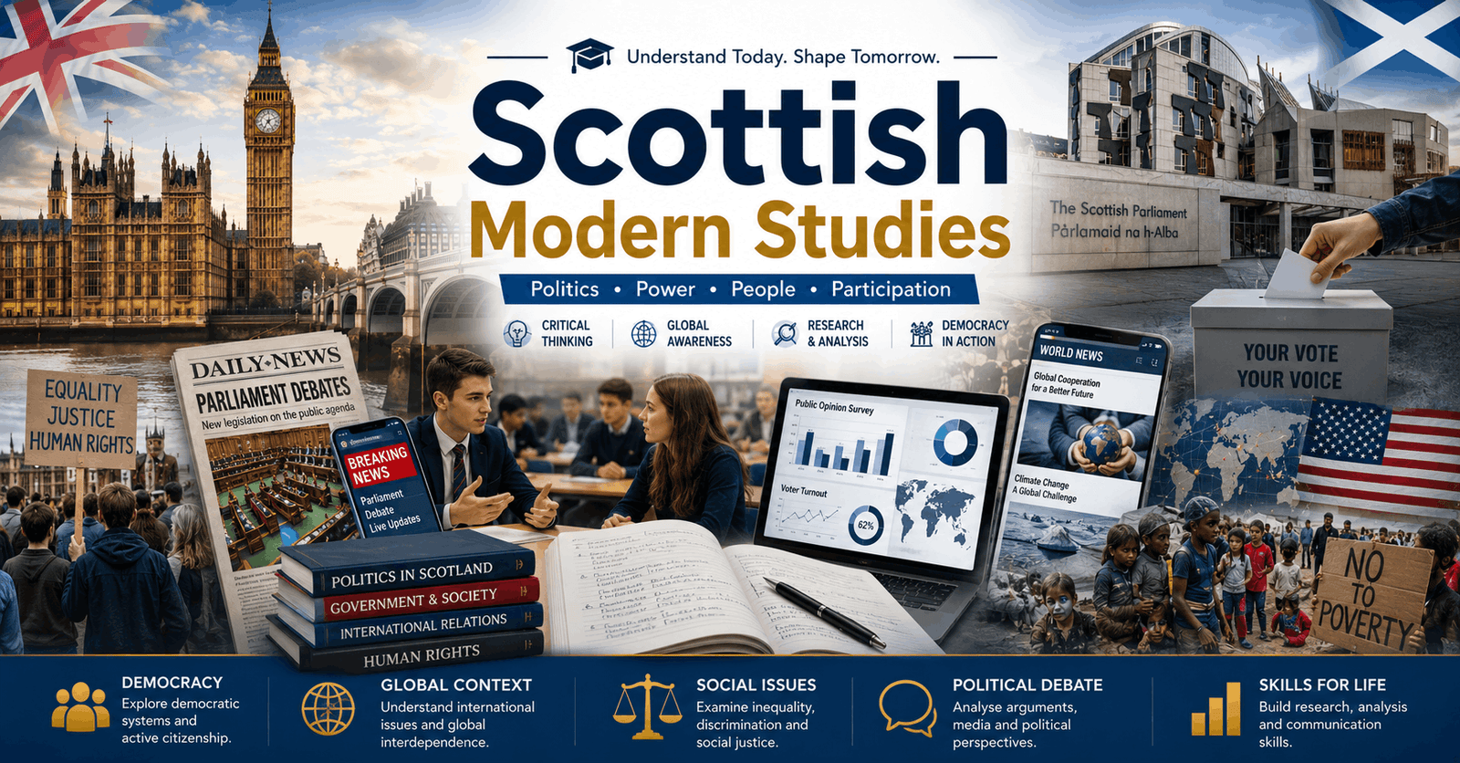 Scottish Modern Studies course banner showing UK politics, media, society and global issues in an educational design