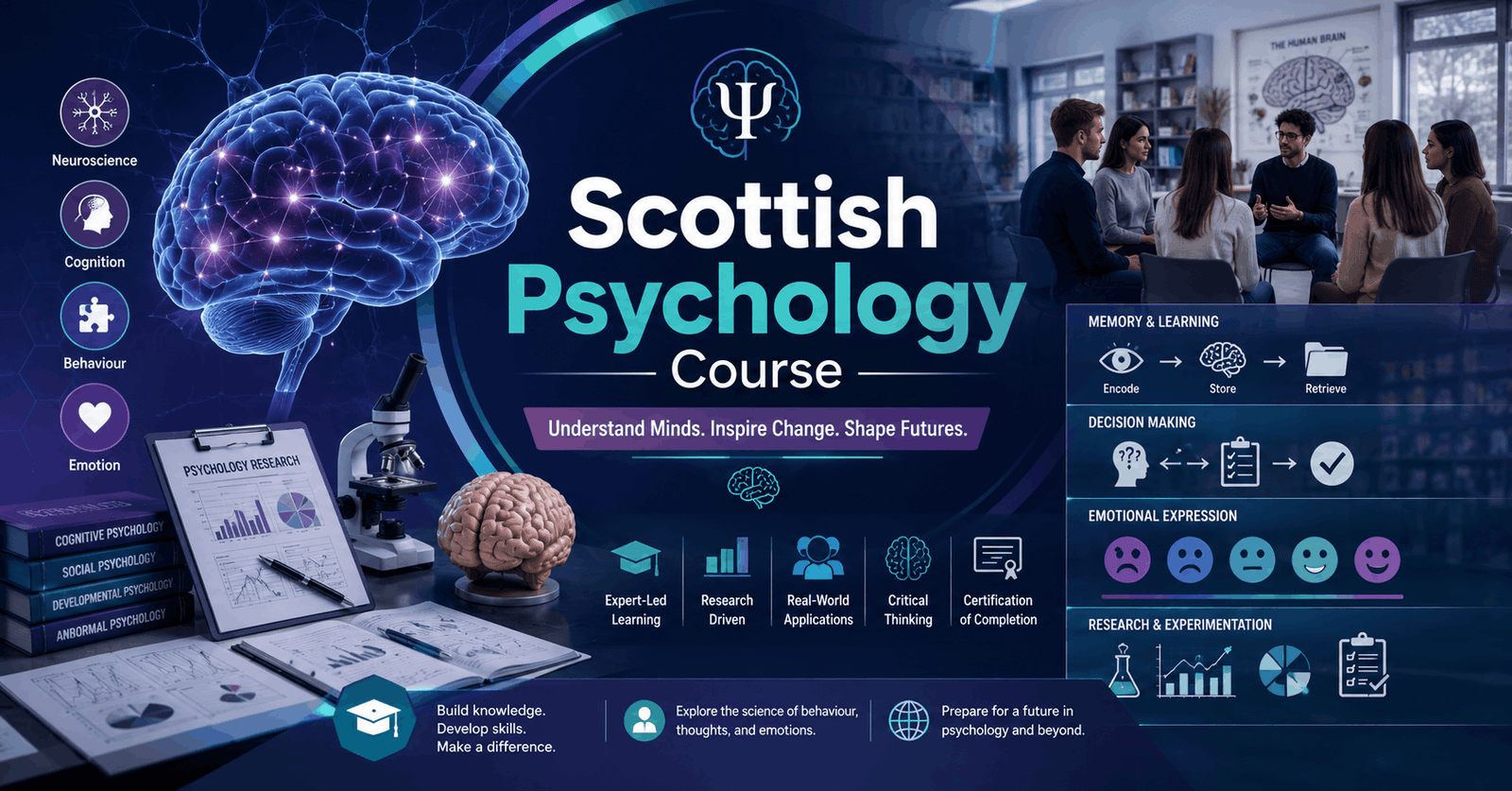 Scottish Psychology Course banner showing brain, memory, behaviour and psychology research themes in a modern academic design