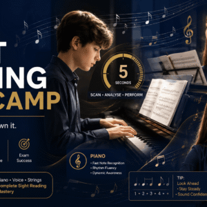 Student practising Sight Reading Bootcamp exercises for piano, voice and strings with sheet music and instrument focus