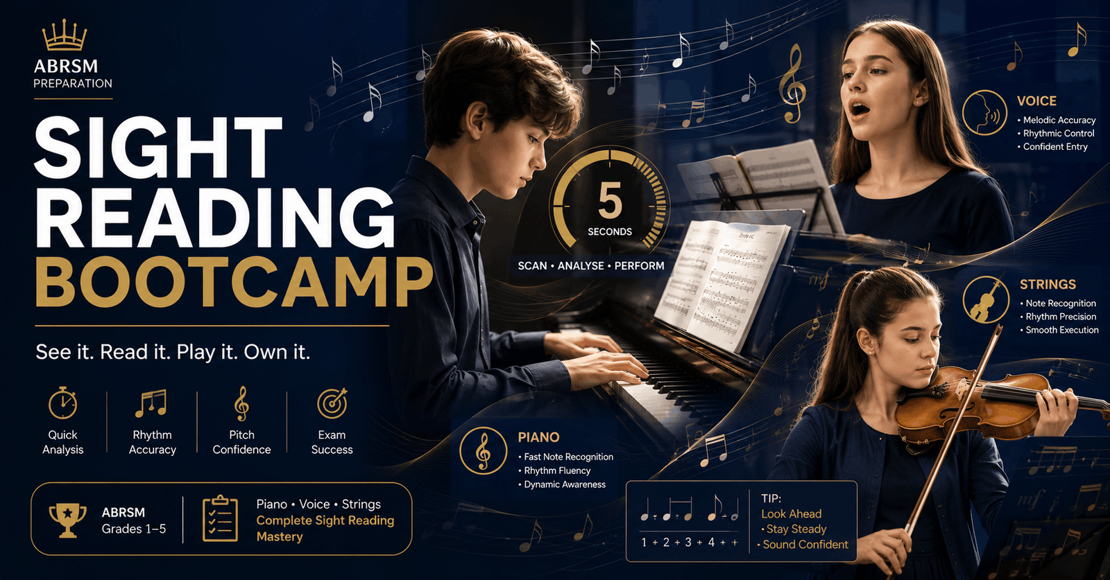 Student practising Sight Reading Bootcamp exercises for piano, voice and strings with sheet music and instrument focus
