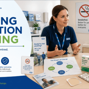 Smoking Cessation Training course showing NHS quit support, counselling sessions, and behaviour change strategies for smokers