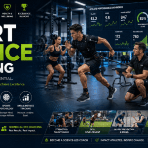 Modern sports training environment showing Sport Science Coaching with athlete performance analysis and coaching sessions