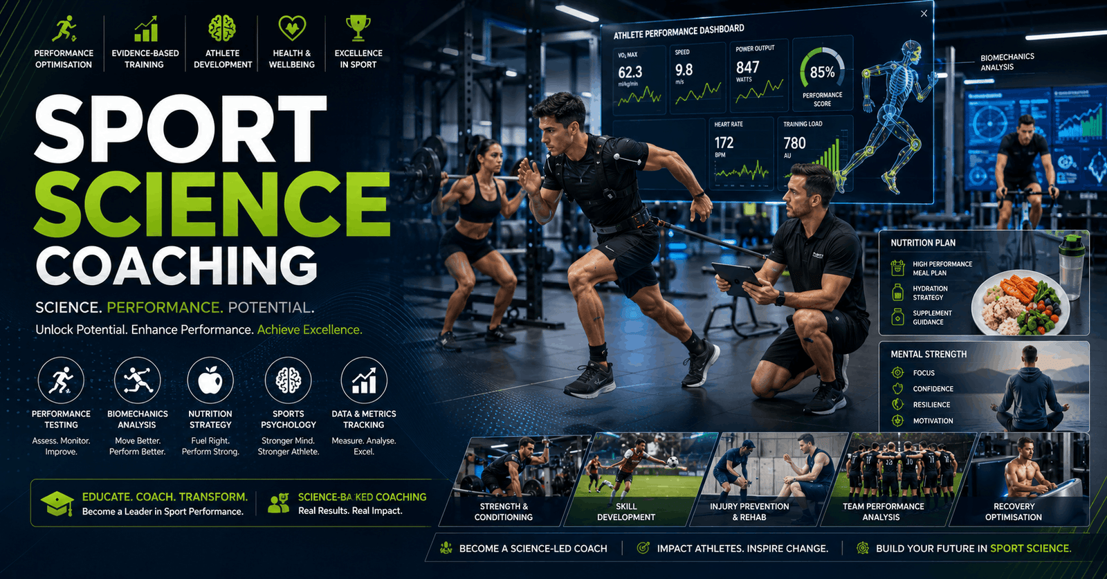 Modern sports training environment showing Sport Science Coaching with athlete performance analysis and coaching sessions