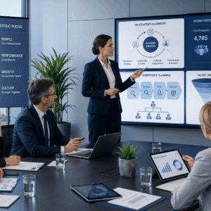 Strategic HR management CIPD course showing leadership meeting, workforce planning charts and organisational strategy discussion
