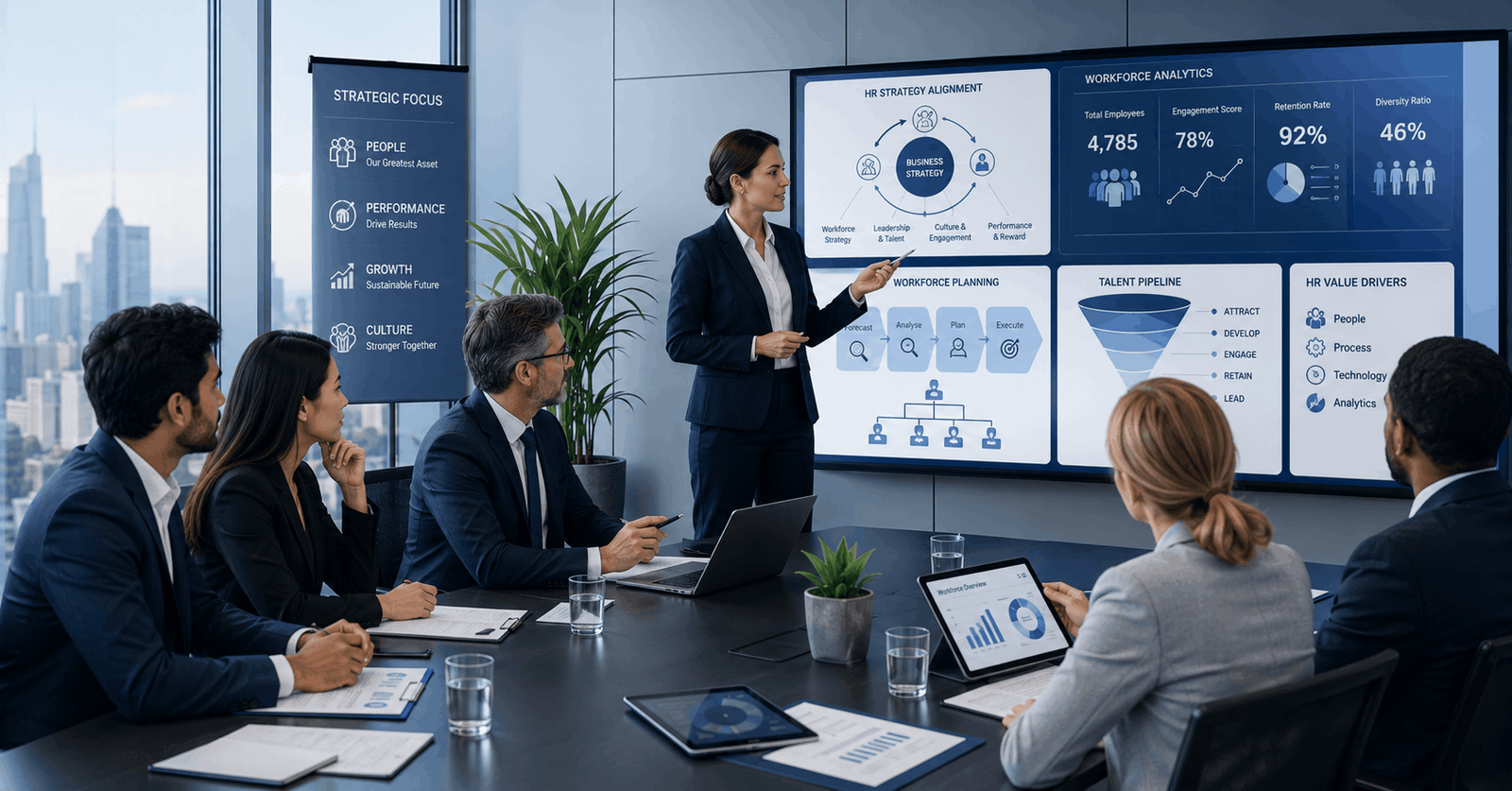 Strategic HR management CIPD course showing leadership meeting, workforce planning charts and organisational strategy discussion