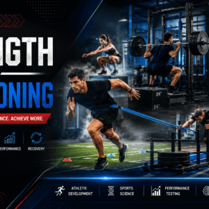 Athletes training with weights and conditioning drills while learning strength and conditioning performance techniques