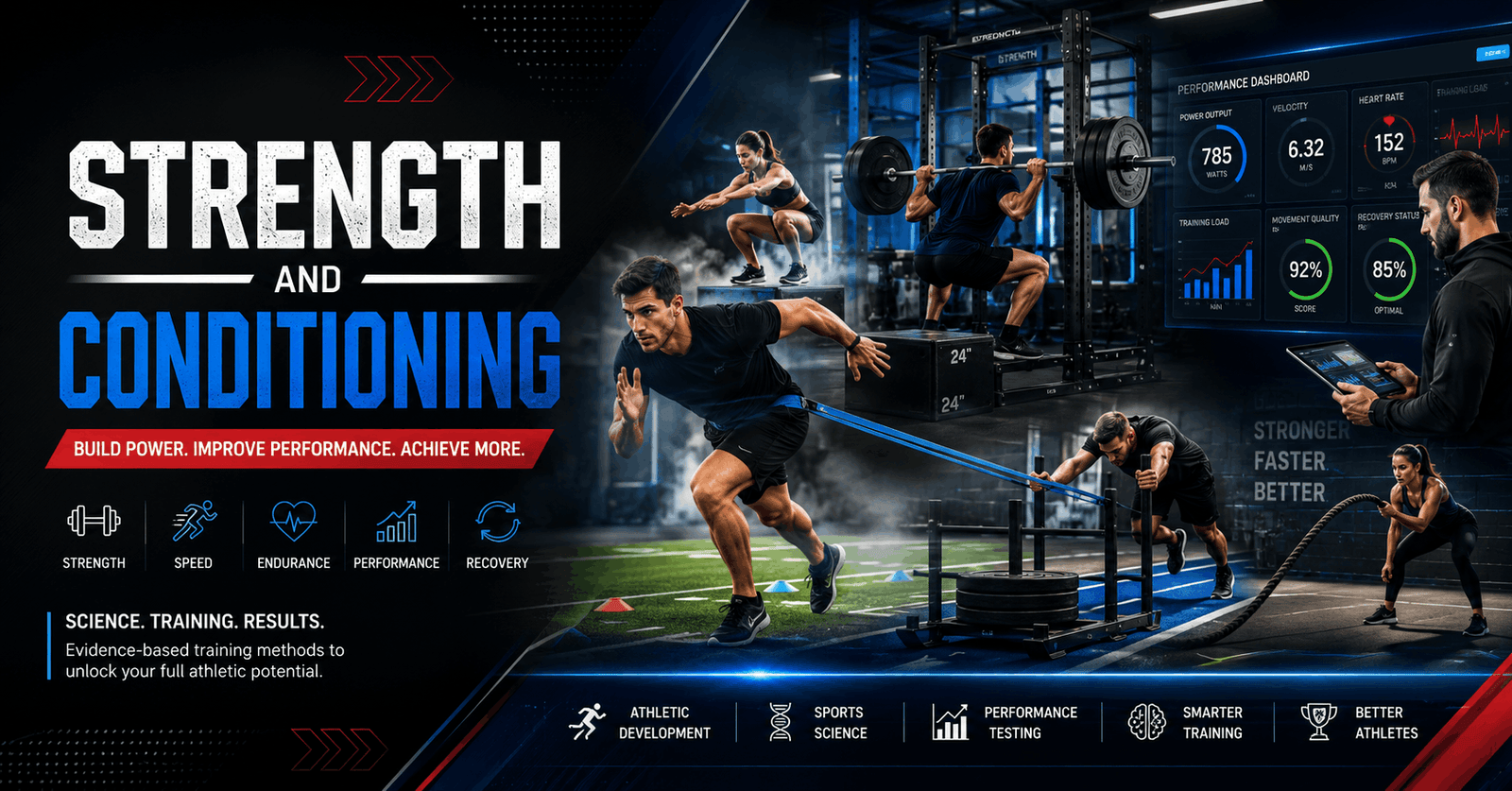 Athletes training with weights and conditioning drills while learning strength and conditioning performance techniques