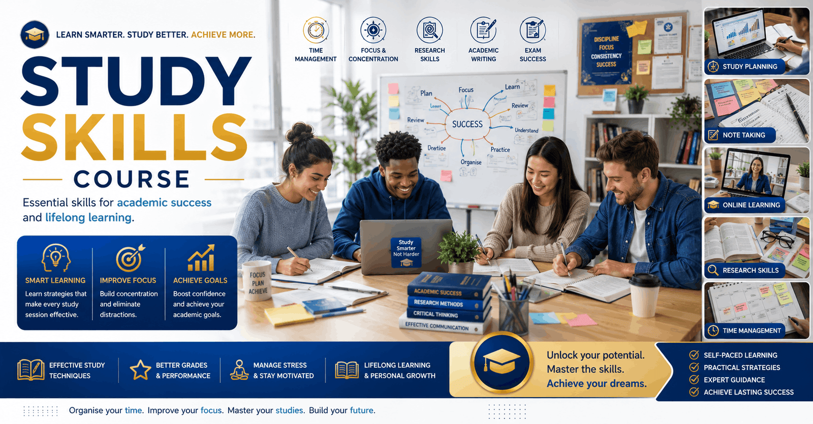 Students improving academic performance in Study Skills Course using notes planners research tools and learning strategies
