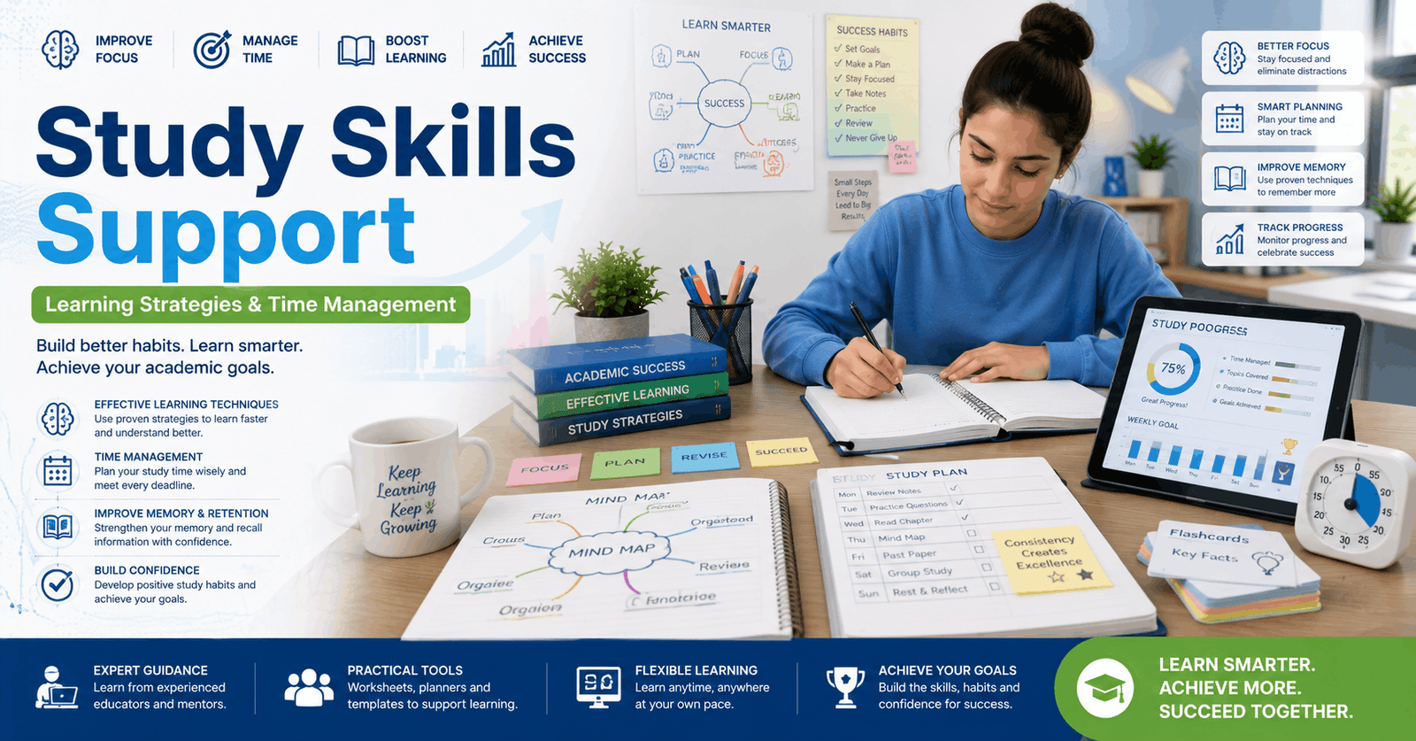 Study Skills Support course showing learning strategies, time management, notes and study planning tools