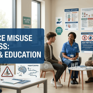 Substance Misuse Awareness course showing alcohol and drug education, prevention strategies, and UK public health support systems