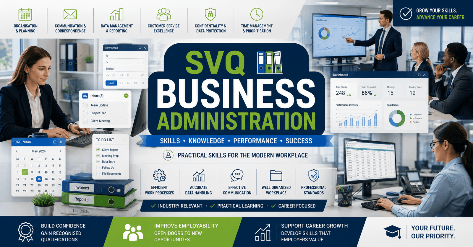 SVQ Business Administration course banner showing office work, documents, computers and professional workplace organisation skills