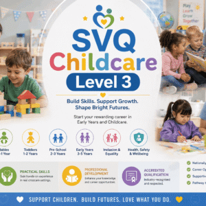 SVQ Childcare Level 3 course banner showing childcare support, learning activities, children development and safe learning environment