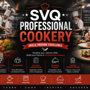 SVQ Professional Cookery course banner showing chefs cooking, kitchen skills, food preparation and professional kitchen environment