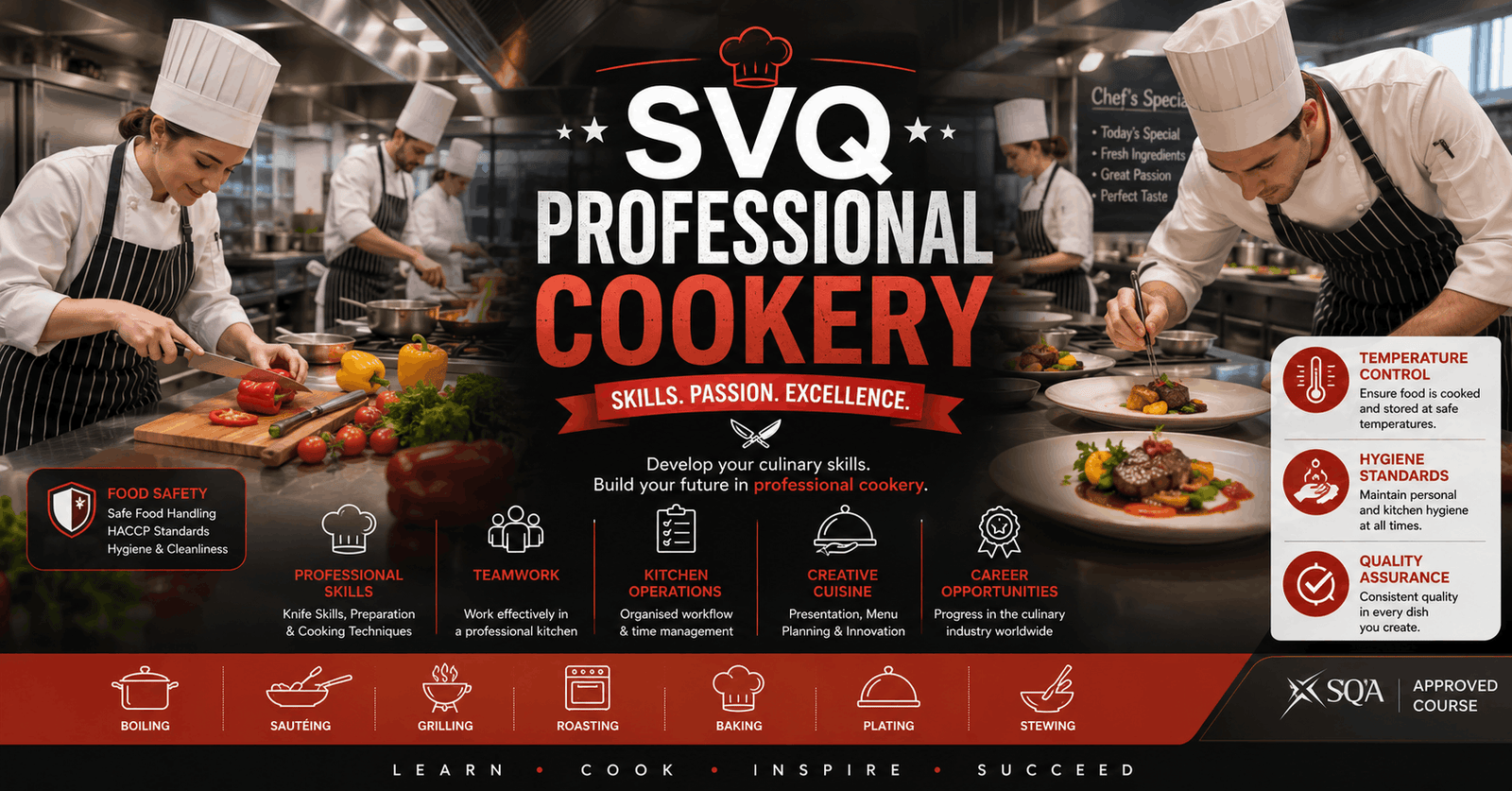 SVQ Professional Cookery course banner showing chefs cooking, kitchen skills, food preparation and professional kitchen environment