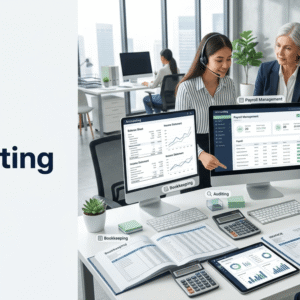 Students learning T Level Accounting with financial reports, bookkeeping records, and digital accounting software in a modern workspace