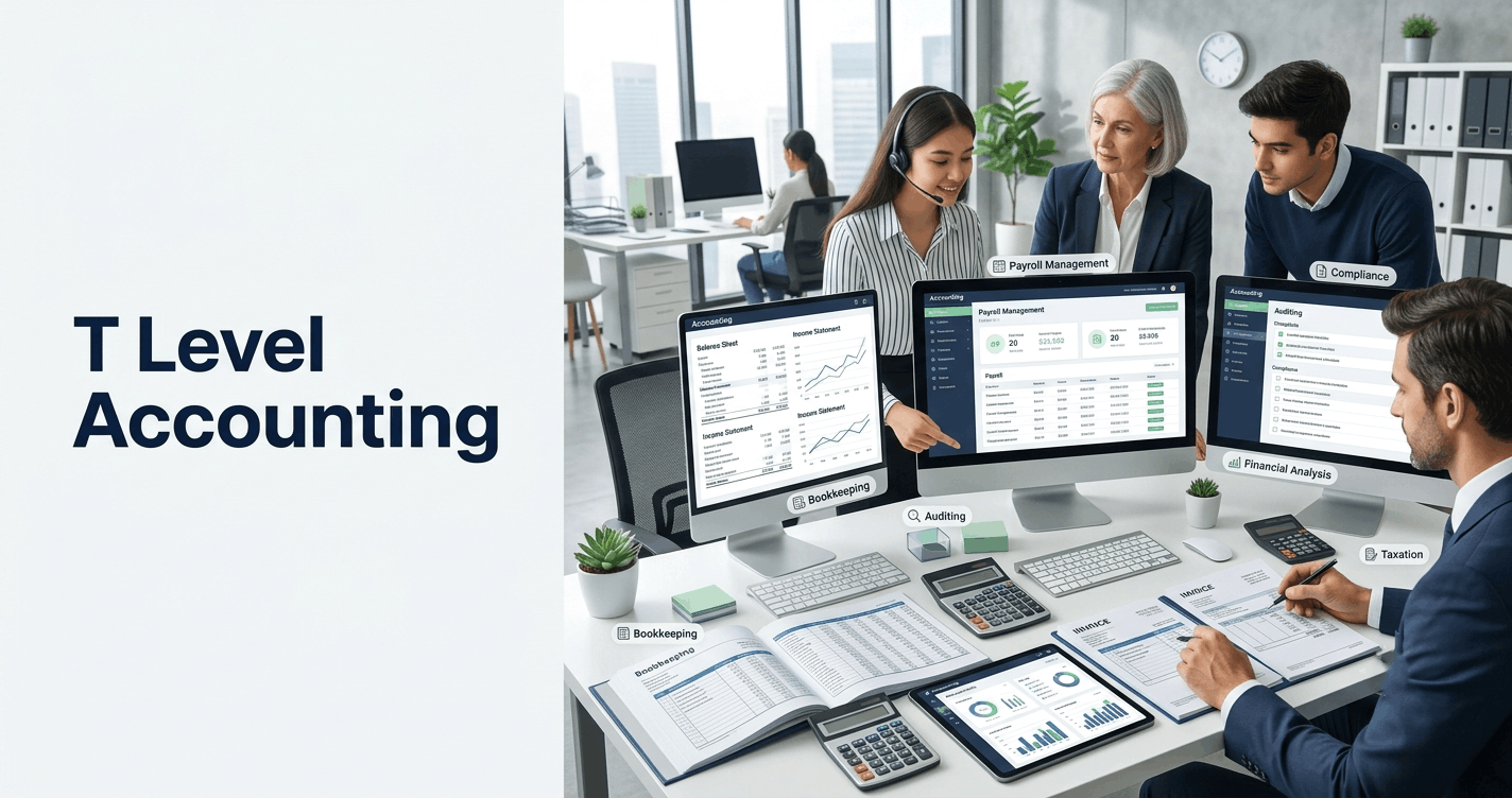 Students learning T Level Accounting with financial reports, bookkeeping records, and digital accounting software in a modern workspace