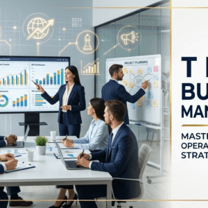 T Level Business Management course banner featuring leadership, business operations, finance, and team management skills