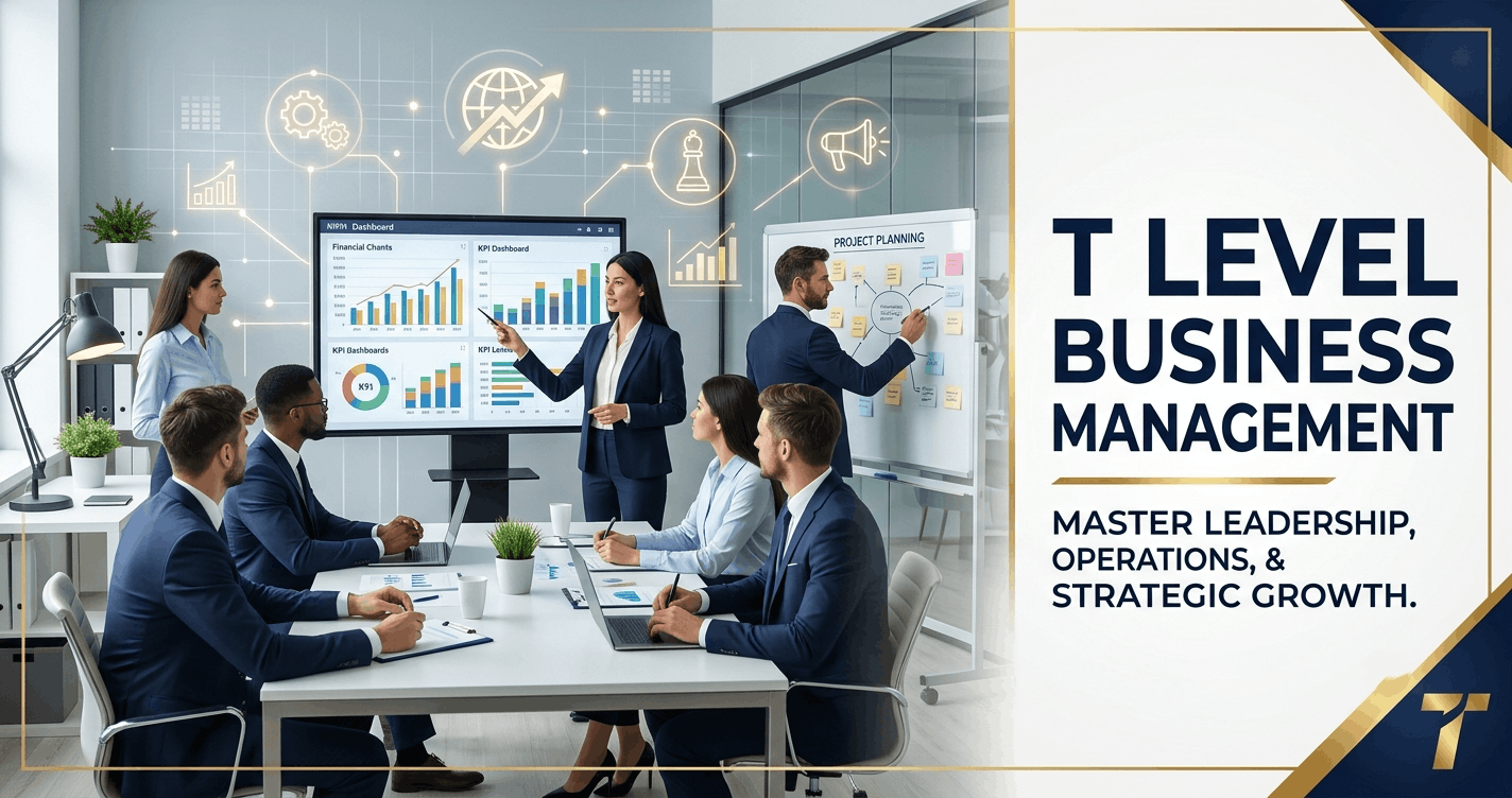 T Level Business Management course banner featuring leadership, business operations, finance, and team management skills
