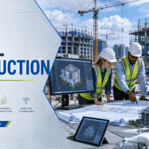 Students studying T Level Construction with building plans, surveying tools, and digital construction technology on a modern site
