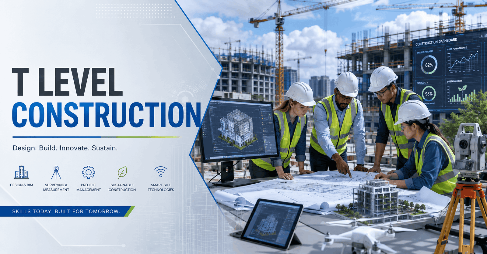 Students studying T Level Construction with building plans, surveying tools, and digital construction technology on a modern site