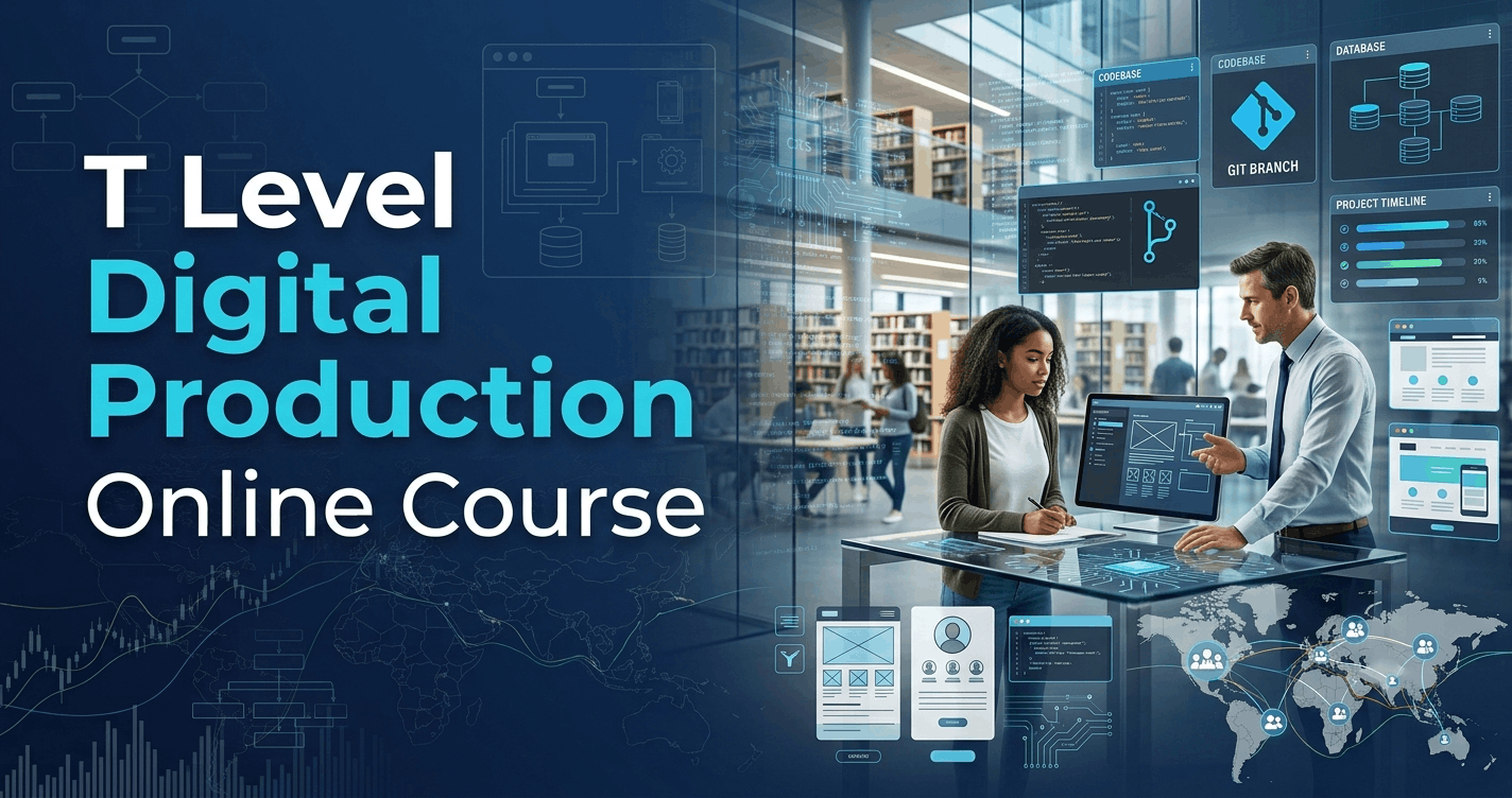 T Level Digital Production course banner featuring coding screens, UX design, web development, and digital technology tools