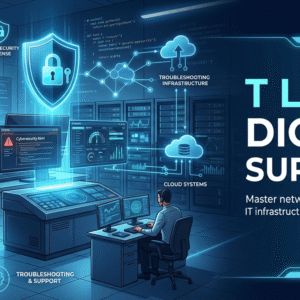 T Level Digital Support course banner featuring IT systems, cybersecurity, networking, and technical support tools