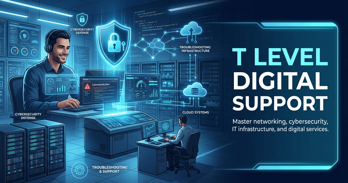 T Level Digital Support course banner featuring IT systems, cybersecurity, networking, and technical support tools