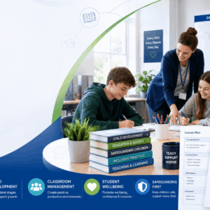 T Level Education course banner featuring classroom learning, teaching support, safeguarding, and student engagement
