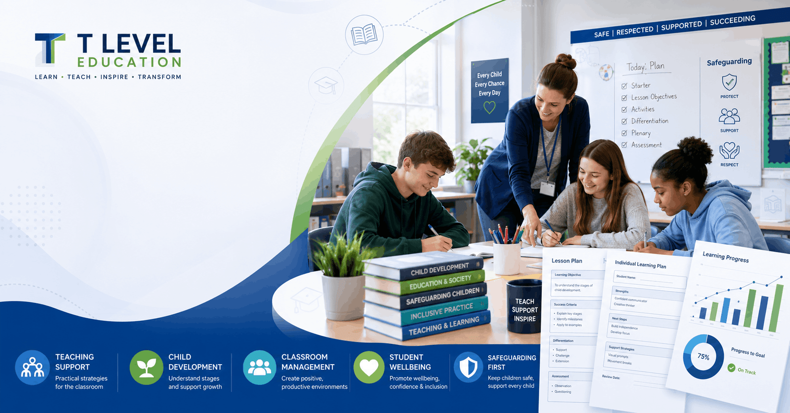 T Level Education course banner featuring classroom learning, teaching support, safeguarding, and student engagement