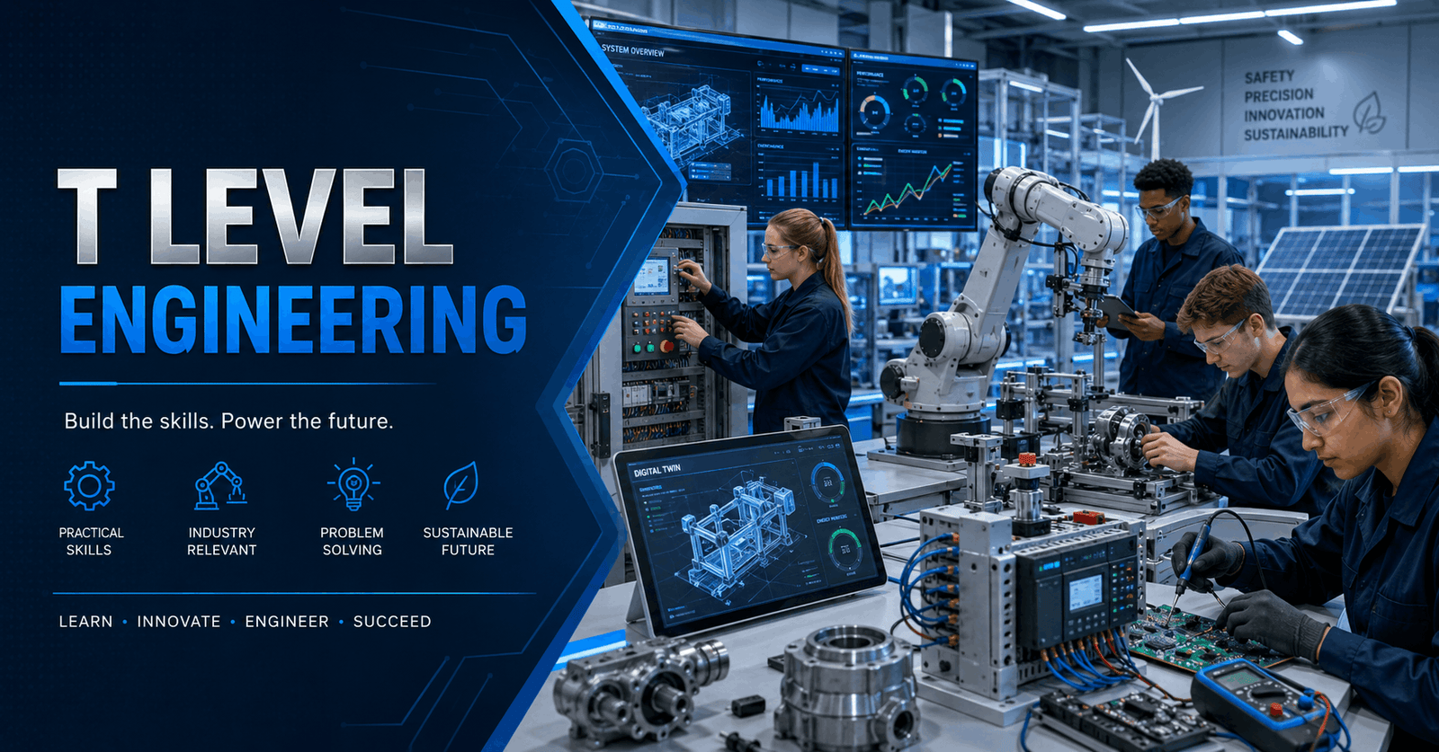 Professional students learning T Level Engineering systems, processes, and practical problem-solving in a modern workshop