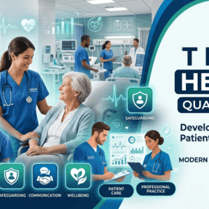 T Level Health course banner featuring healthcare professionals, patient care, safeguarding, and communication skills training