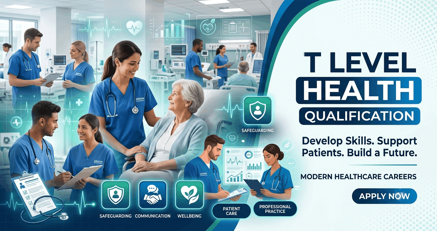 T Level Health course banner featuring healthcare professionals, patient care, safeguarding, and communication skills training