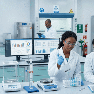 Students performing experiments in a modern laboratory while learning T Level Science techniques and scientific data handling
