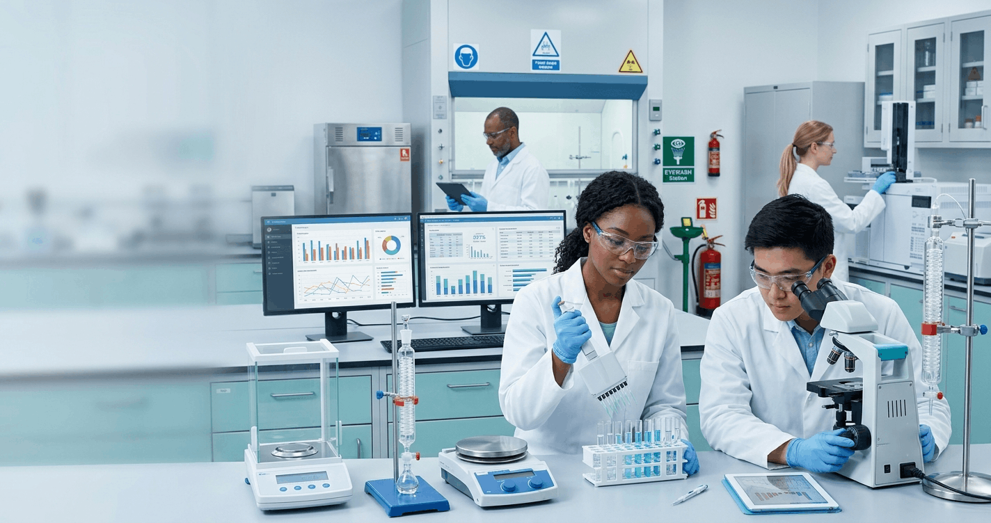 Students performing experiments in a modern laboratory while learning T Level Science techniques and scientific data handling