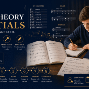Student studying Trinity Music Theory with notes, rhythm exercises, and harmony practice for Grades 1–5 preparation