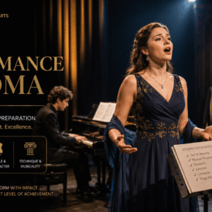 Performer preparing for trinity performance diploma with stage craft, interpretation, and professional rehearsal environment