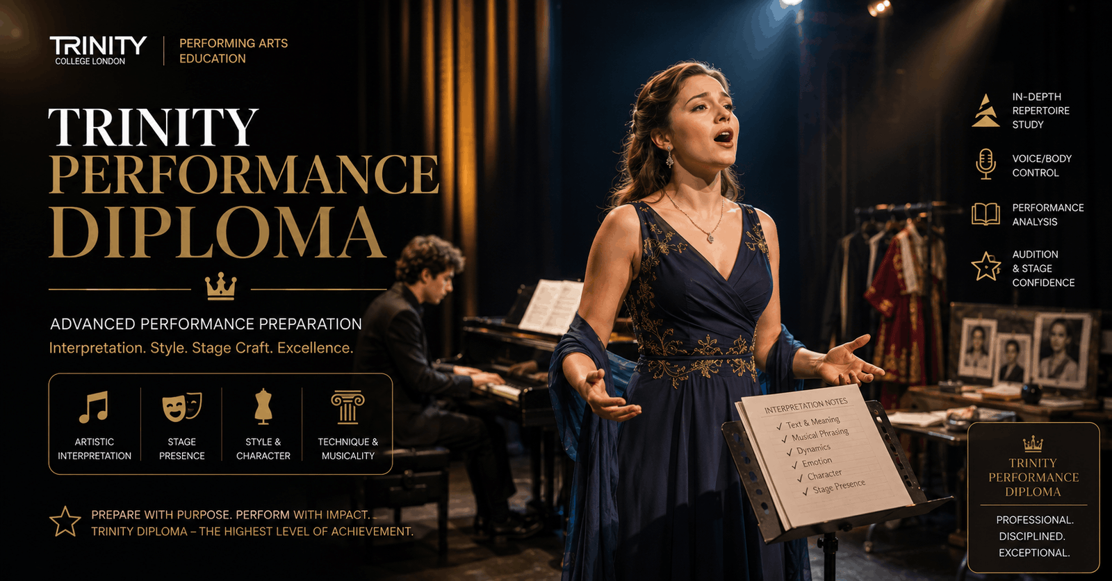 Performer preparing for trinity performance diploma with stage craft, interpretation, and professional rehearsal environment