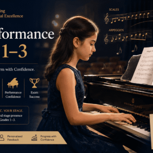 Student practicing Trinity Piano Performance Grades 1–3 with sheet music, scales, and expressive piano technique training