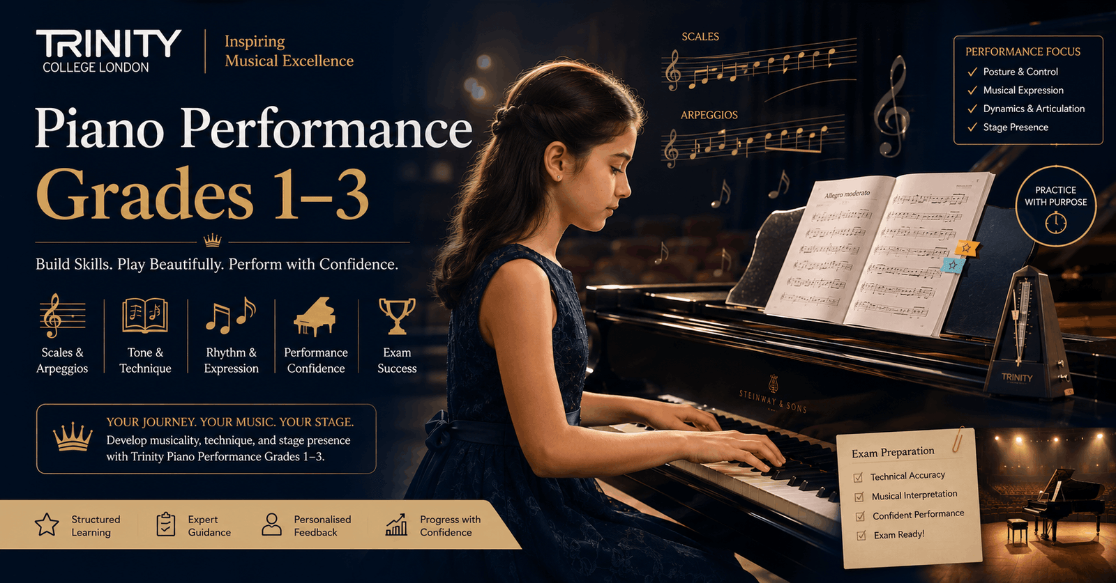 Student practicing Trinity Piano Performance Grades 1–3 with sheet music, scales, and expressive piano technique training