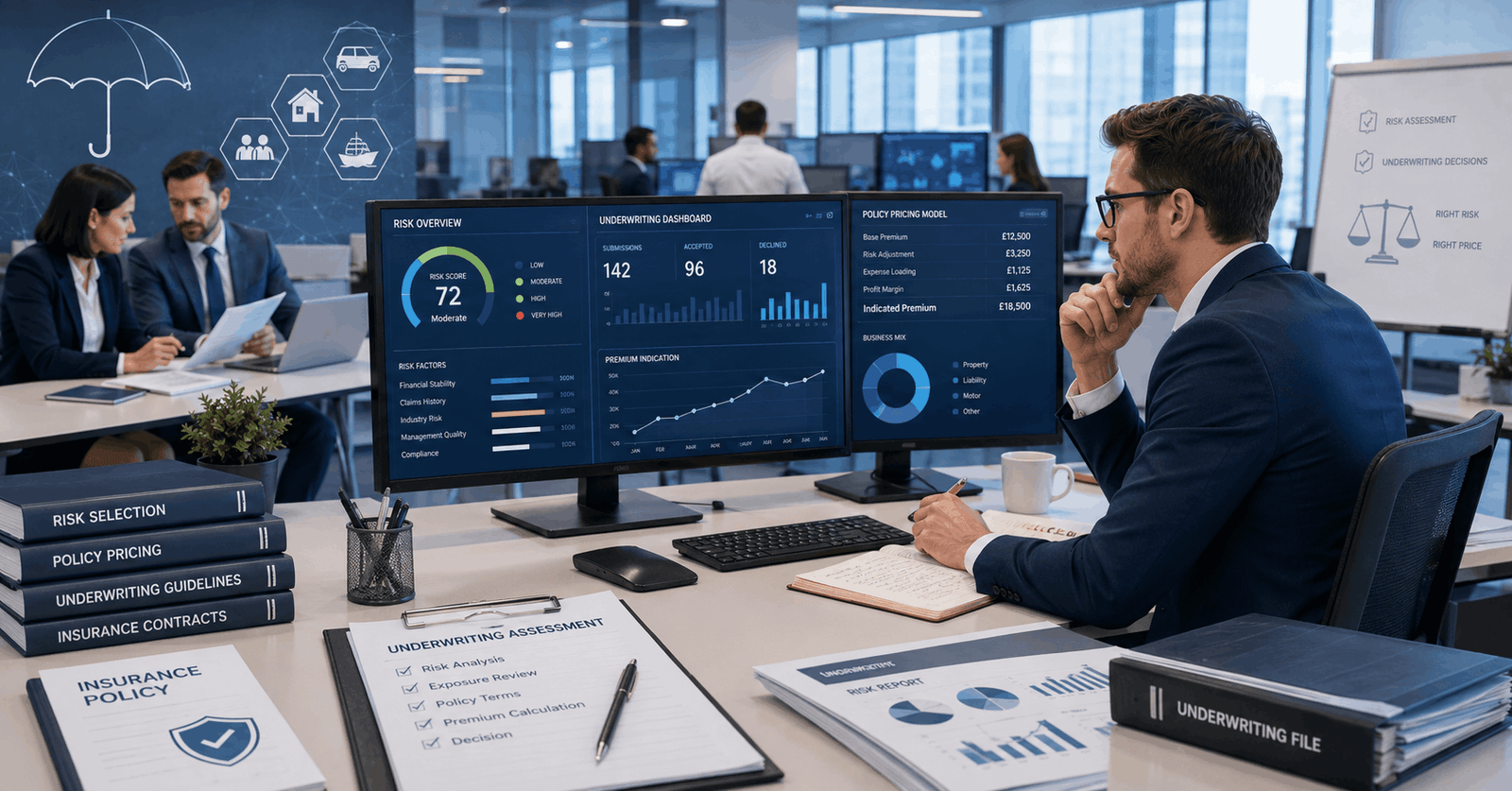 Underwriting practice CII IF3 course showing risk assessment charts, underwriting desk, insurance data analysis and pricing tools