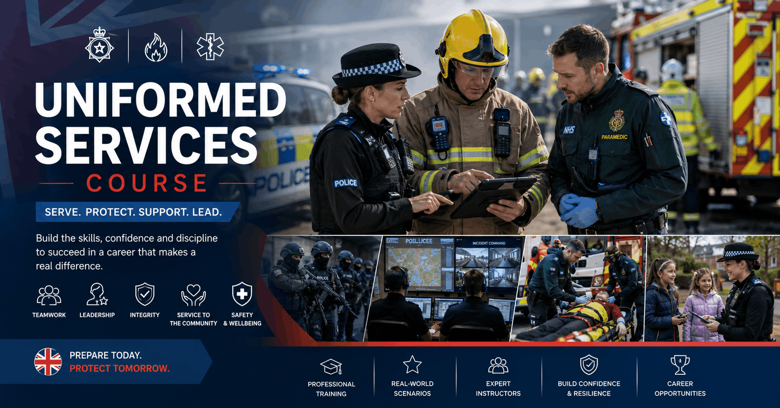Uniformed Services Course showing emergency services, teamwork, discipline, and public safety training environment