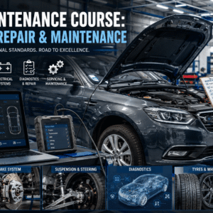 Automotive workshop showing vehicle inspection, engine maintenance, tools, and diagnostics for Vehicle Maintenance Course