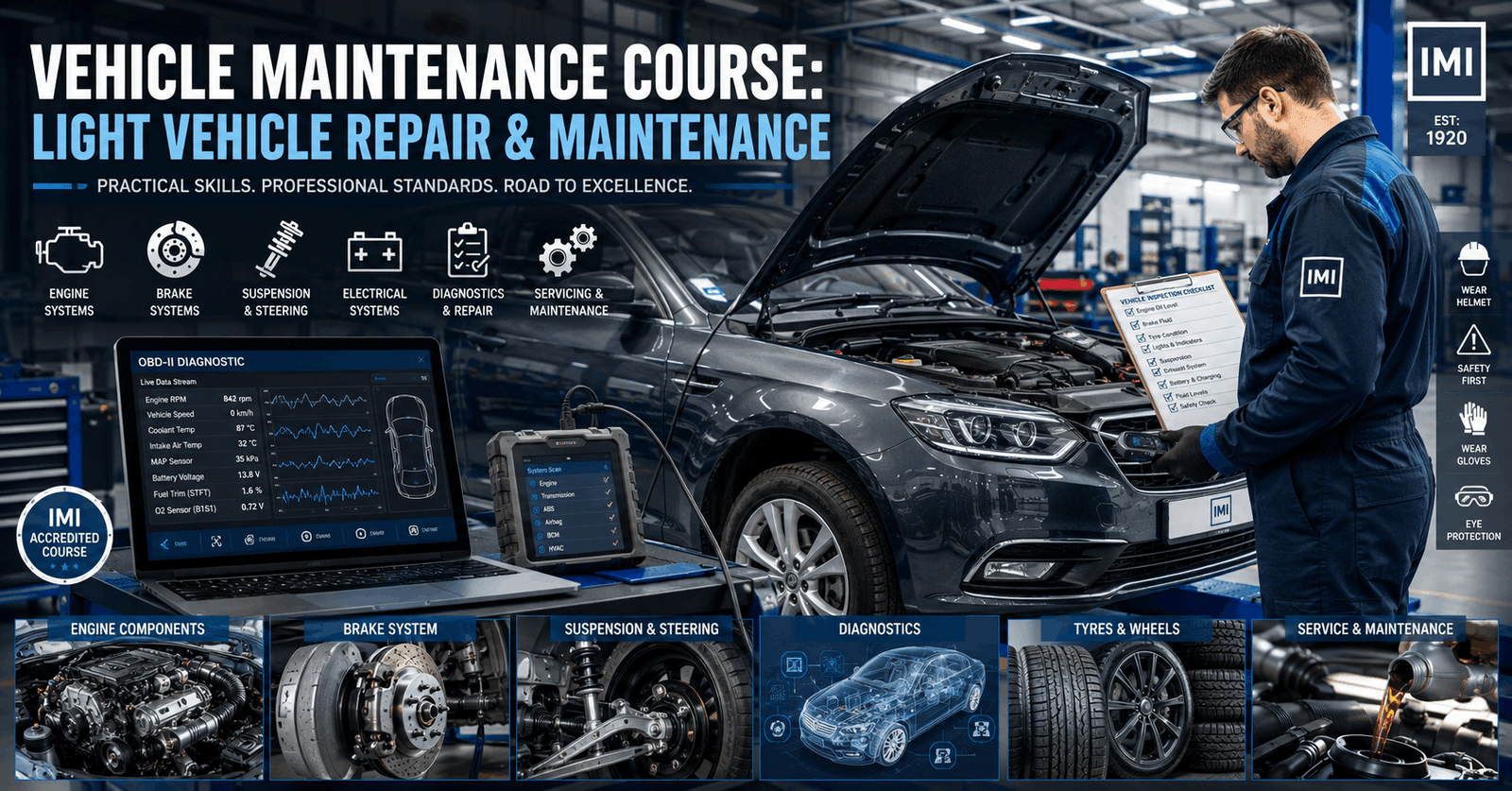 Automotive workshop showing vehicle inspection, engine maintenance, tools, and diagnostics for Vehicle Maintenance Course